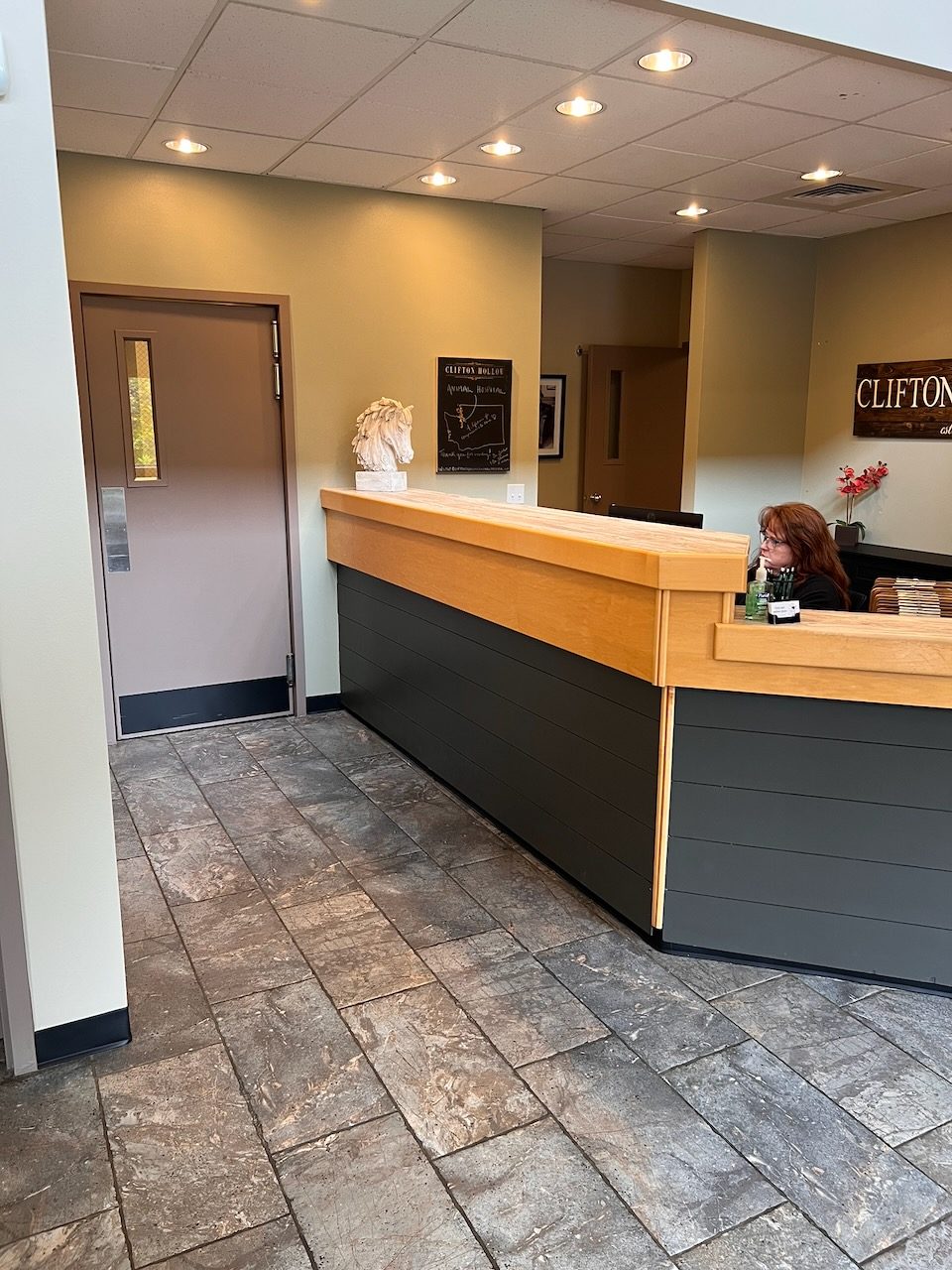 The view just inside the front door: the reception counter with a team member at the desk, and the tiled floor leading into the lobby