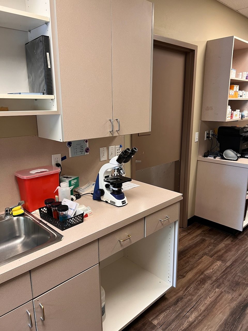 A microscope on the lab counter beside the sink and supply cabinets