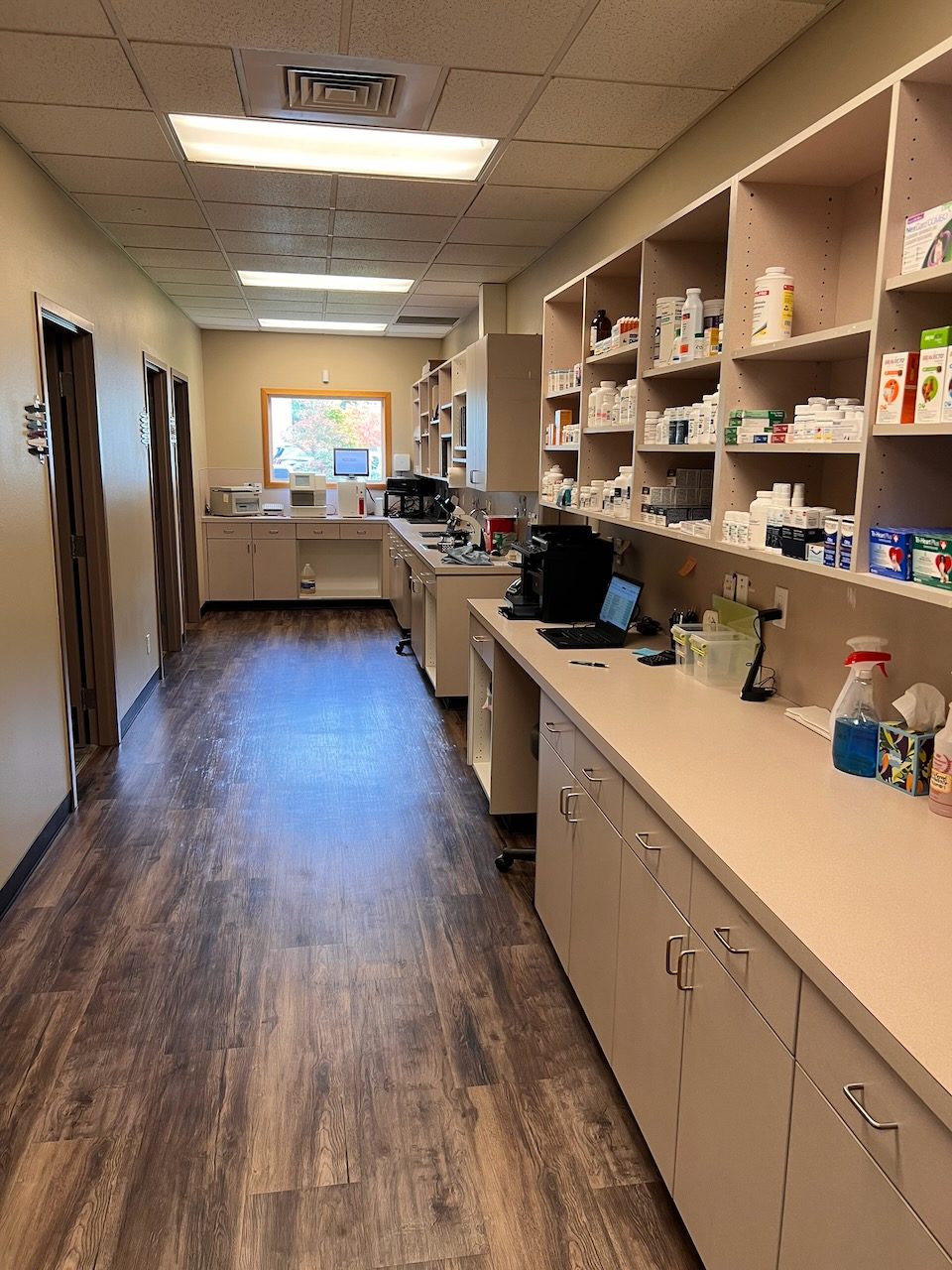 Pharmacy shelving stocked with medications above a long counter, looking toward a window at the far end
